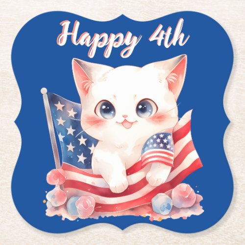 Patriotic Kitten 4th of July Happy 4th Custom Paper Coaster