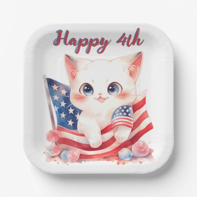 Patriotic Kitten 4th of July Happy 4th Custom Paper Plates (Front)