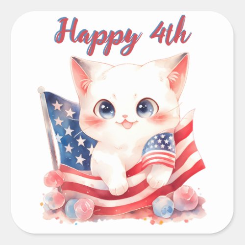 Patriotic Kitten 4th of July Happy 4th Custom Square Sticker