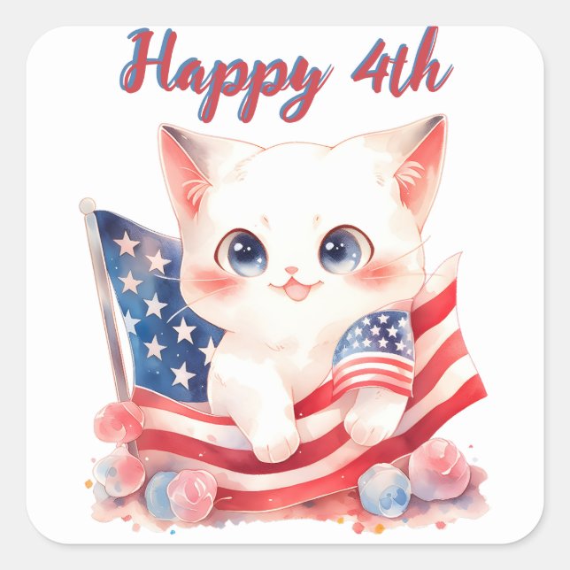Patriotic Kitten 4th of July Happy 4th Custom Square Sticker (Front)