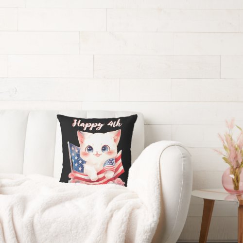 Patriotic Kitten 4th of July Happy 4th Custom Throw Pillow