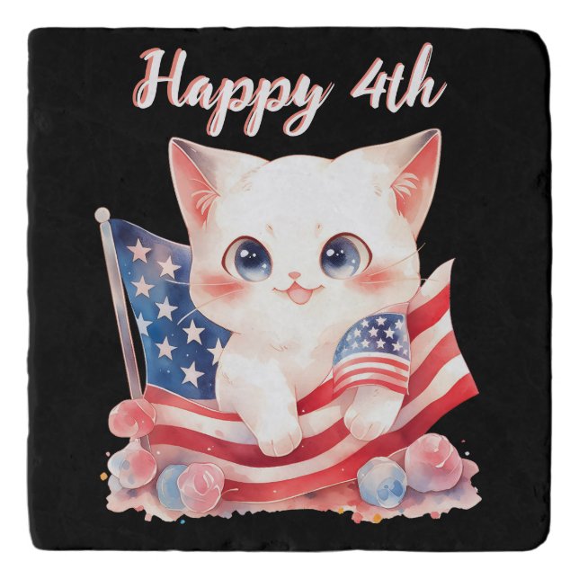 Patriotic Kitten 4th of July Happy 4th Custom Trivet (Front)