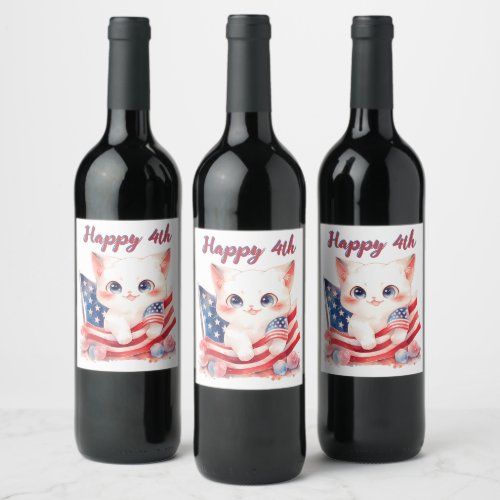 Patriotic Kitten 4th of July Happy 4th Custom Wine Label