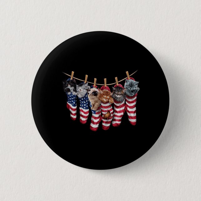 Patriotic Kittens In Aamerican Flag Socks Funny Button (Front)