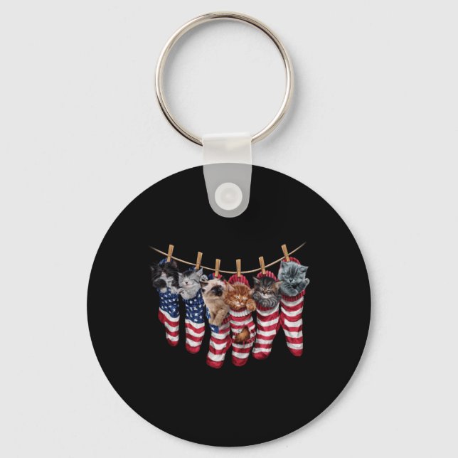 Patriotic Kittens In Aamerican Flag Socks Funny Keychain (Front)