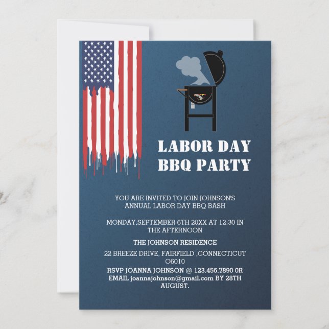 Patriotic Labor Day BBQ Party  Invitation (Front)