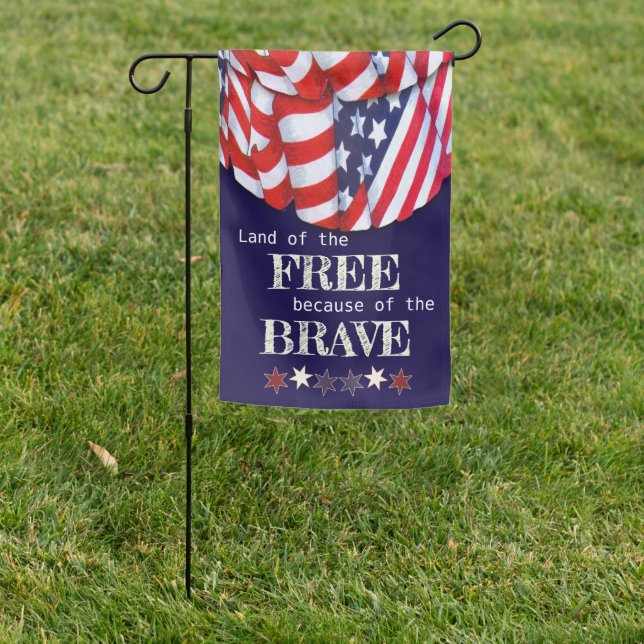 Patriotic Land of the Free Red White Blue Bunting Garden Flag (In SItu)