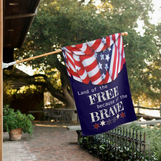 Patriotic Land of the Free Red White Blue Bunting House Flag (In SItu)