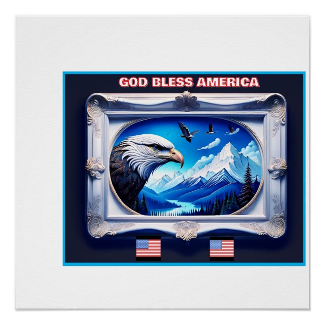Patriotic Landscape With Bald Eagle Flags Mountain Poster (Front)