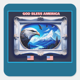 Patriotic Landscape With Bald Eagle Flags Mountain Square Sticker