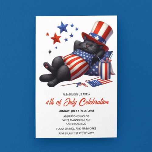 Patriotic Lazy Black Cat 4th Of July Invitations