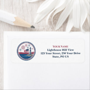 Patriotic Lighthouse American Flag Red Blue White Label