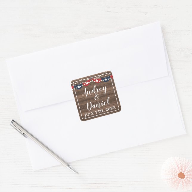 Patriotic Lights Frame July Fourth Banner Wedding Square Sticker (Envelope)