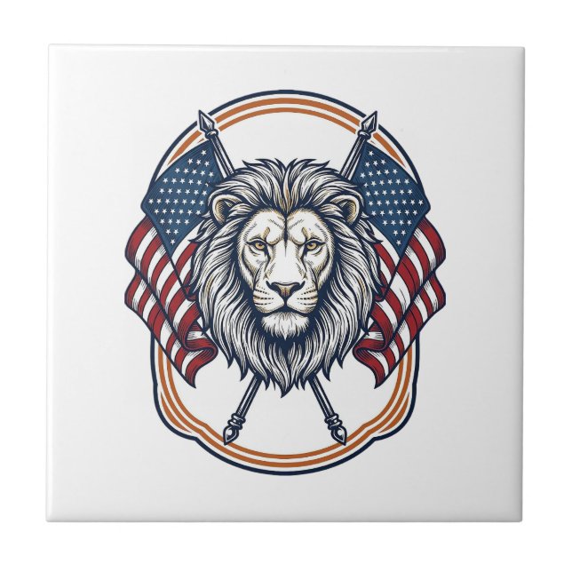 Patriotic Lion with American Flags Vintage Ceramic Tile (Front)