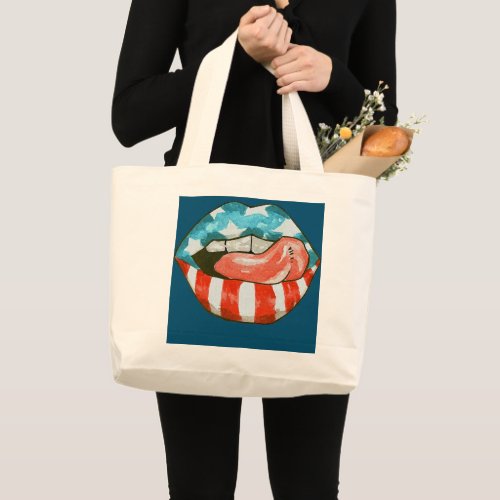 Patriotic Lips Tongue American Flag 4th Of july Large Tote Bag