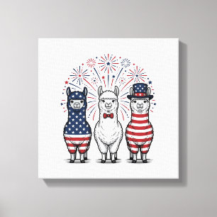 Patriotic Llama Fireworks Vintage Vector Shirt_1 Canvas Print
