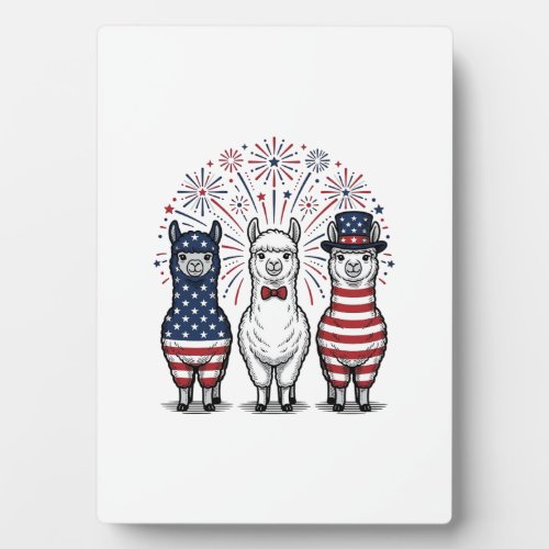 Patriotic Llama Fireworks Vintage Vector Shirt_1 Plaque