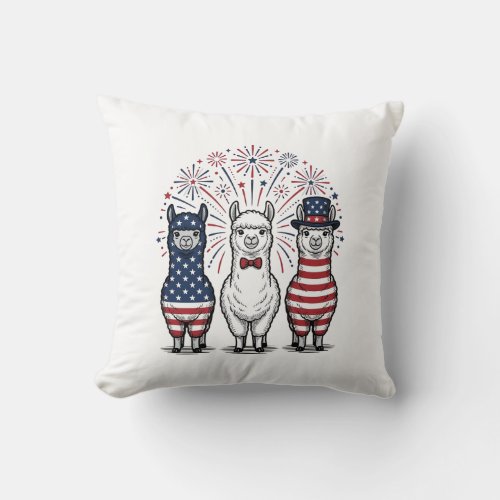 Patriotic Llama Fireworks Vintage Vector Shirt_1 Throw Pillow