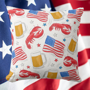 Patriotic Lobster Beer American Flag  Throw Pillow