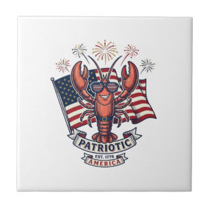 Patriotic Lobster Flag Vintage Engraving T-Shirt_1 Ceramic Tile