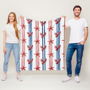 Patriotic Lobster Red White Blue Stars (1) Fleece Blanket