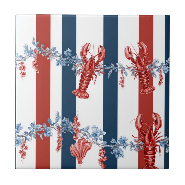 Patriotic Lobster Red White Blue Stars (2) Ceramic Tile (Front)