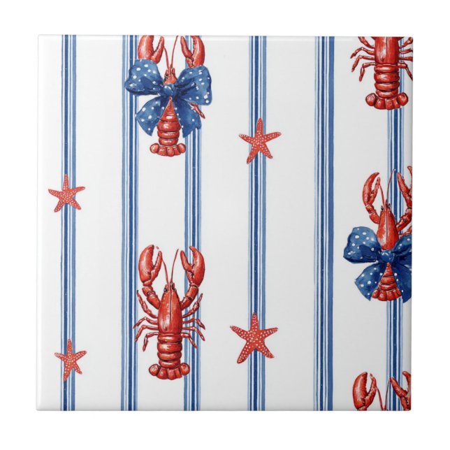 Patriotic Lobster Red White Blue Stars (3) Ceramic Tile (Front)