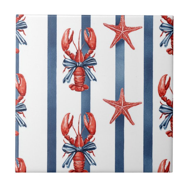 Patriotic Lobster Red White Blue Stars (4) Ceramic Tile (Front)
