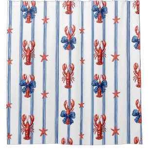 Patriotic Lobster Red White Blue Stars (5) Shower Curtain