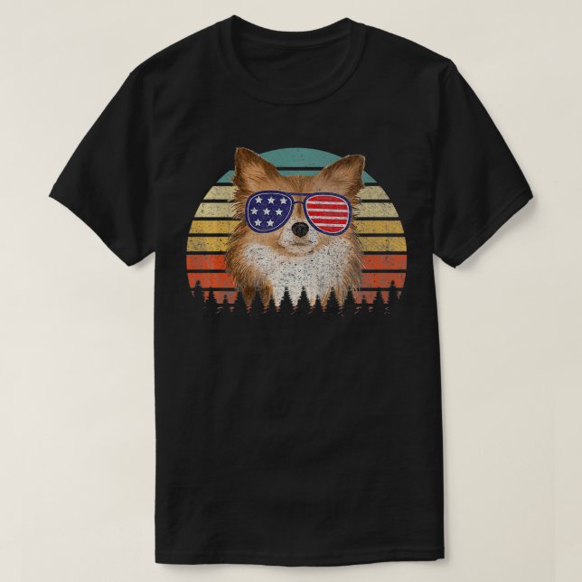 Patriotic Long Haired Chihuahua American Flag Dog  T-Shirt (Design Front)