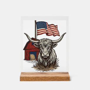 Patriotic Longhorn Cow and Red Barn Vector Design_ Acrylic Sign