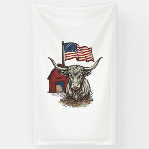 Patriotic Longhorn Cow and Red Barn Vector Design_ Banner