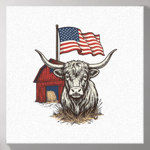 Patriotic Longhorn Cow and Red Barn Vector Design_ Canvas Photo Tile