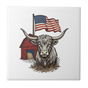 Patriotic Longhorn Cow and Red Barn Vector Design_ Ceramic Tile