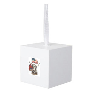 Patriotic Longhorn Cow and Red Barn Vector Design_ Cube Ornament