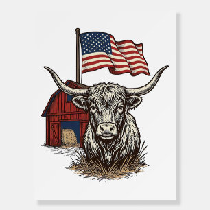 Patriotic Longhorn Cow and Red Barn Vector Design_ Foam Board