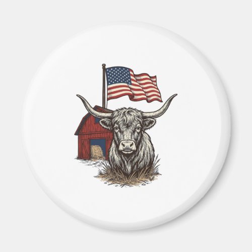 Patriotic Longhorn Cow and Red Barn Vector Design_ Magnet