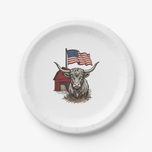Patriotic Longhorn Cow and Red Barn Vector Design_ Paper Plates
