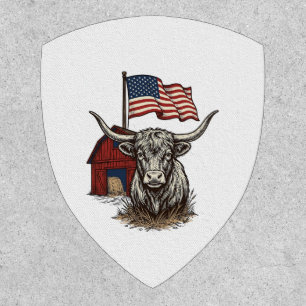 Patriotic Longhorn Cow and Red Barn Vector Design_ Patch