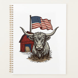 Patriotic Longhorn Cow and Red Barn Vector Design_ Planner
