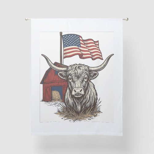 Patriotic Longhorn Cow and Red Barn Vector Design_ Sheer Curtains