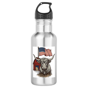 Patriotic Longhorn Cow and Red Barn Vector Design_ Stainless Steel Water Bottle