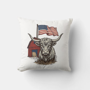Patriotic Longhorn Cow and Red Barn Vector Design_ Throw Pillow
