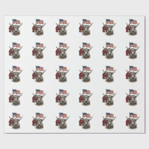 Patriotic Longhorn Cow and Red Barn Vector Design_ Wrapping Paper