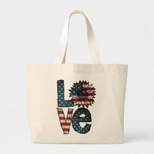 Patriotic LOVE Design   Stars, Stripes & Sunflower Large Tote Bag