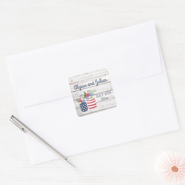 Patriotic Love Fourth of July Wedding Square Sticker (Envelope)