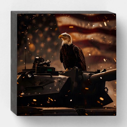 Patriotic majestic eagle atop a military tank  wooden box sign