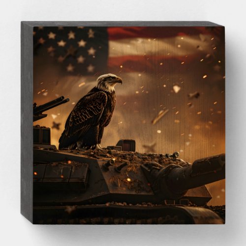 Patriotic majestic eagle atop a military tank wooden box sign