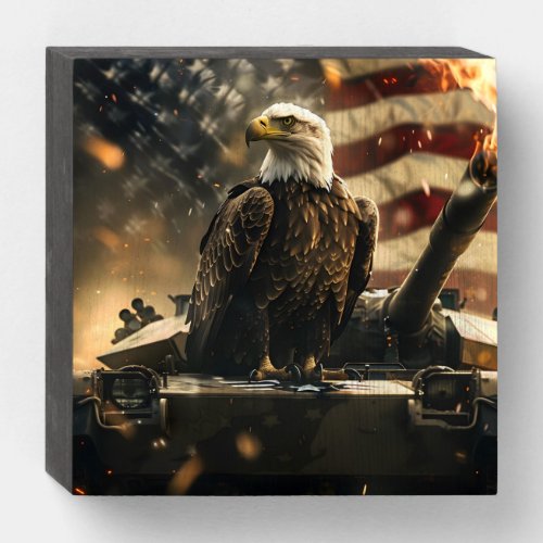 Patriotic majestic eagle atop a military tank  wooden box sign