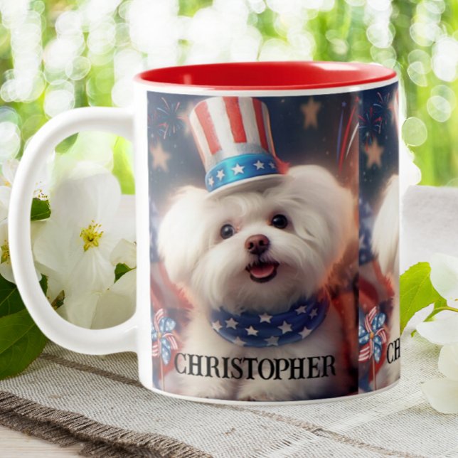 Patriotic Maltese Puppy Dog USA Flag Personalized  Two-Tone Coffee Mug (Creator Uploaded)